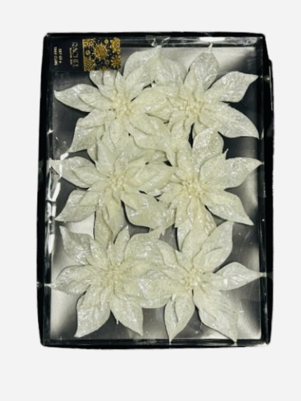 Glitter Poinsettia Tree Clip Decorations Set of 6 Natural White